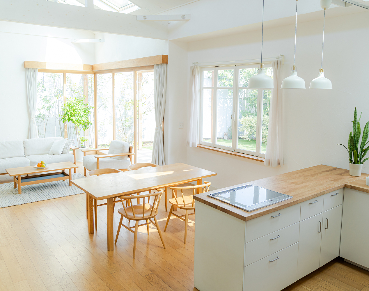 窓の外には日当たりの良い庭が広がるダイニングルーム。室内は白と木目でまとめられており、キッチンには一口のIHコンロが設置されている。